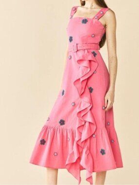 Pink Floral Ruffle Midi Dress